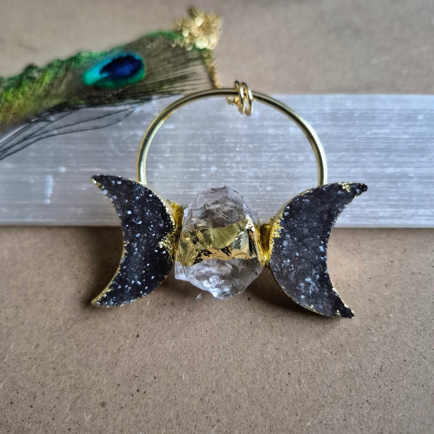 Druzy Agate Triple Moon Pendant: Celestial Statement Necklace
