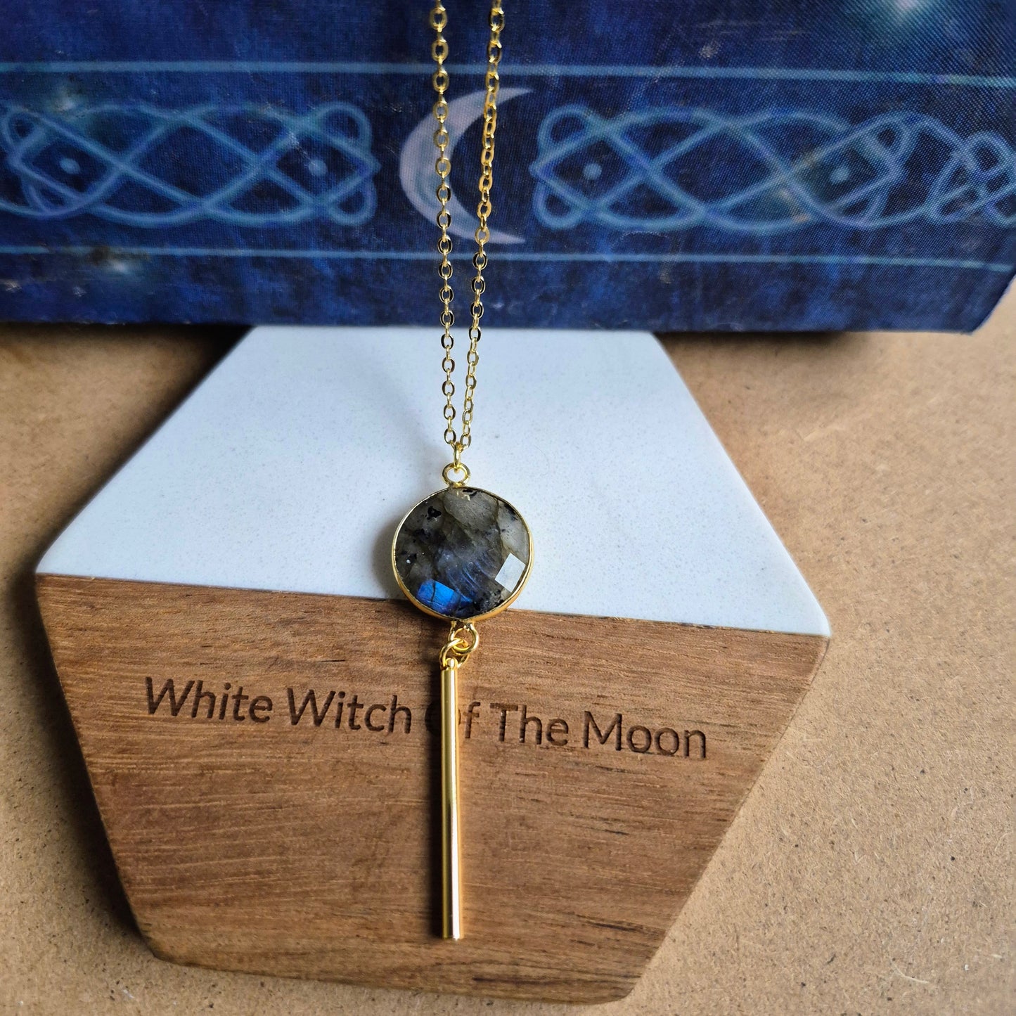 Labradorite Bar Pendant: Dainty Gold Plated Necklace