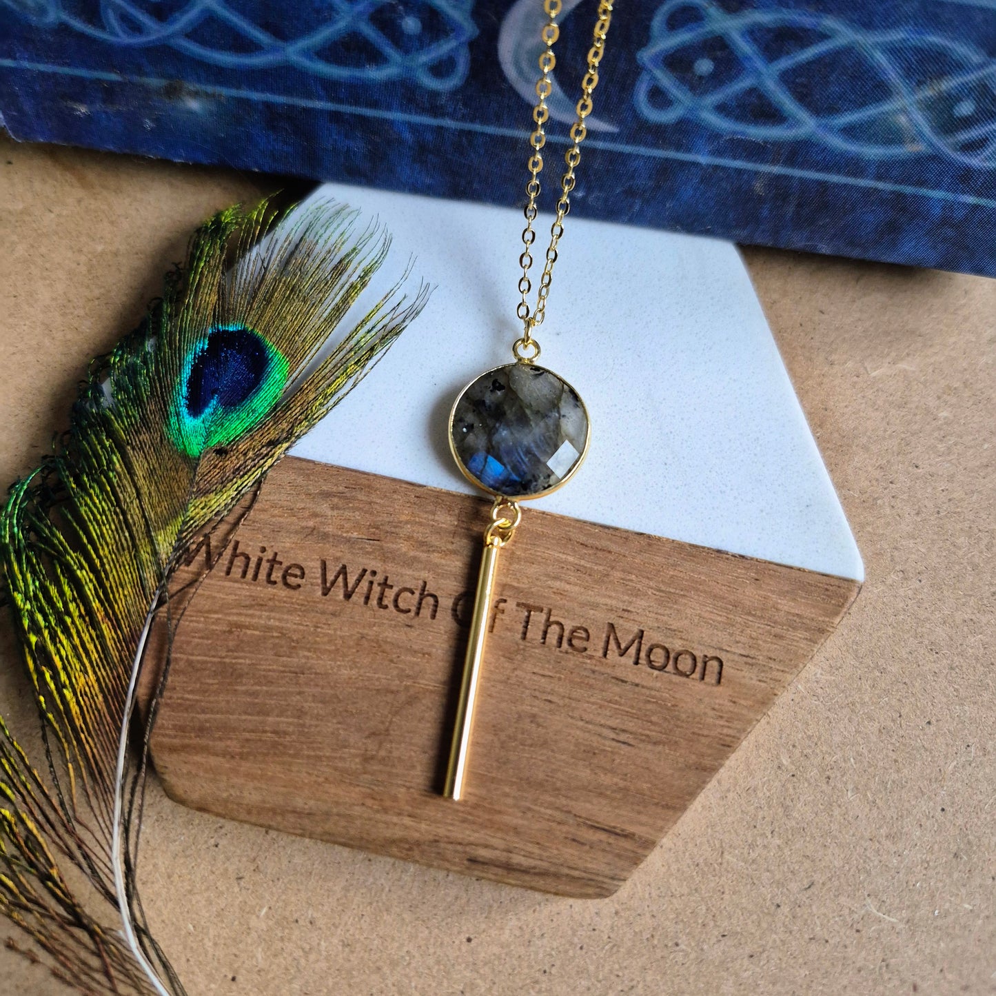 Labradorite Bar Pendant: Dainty Gold Plated Necklace