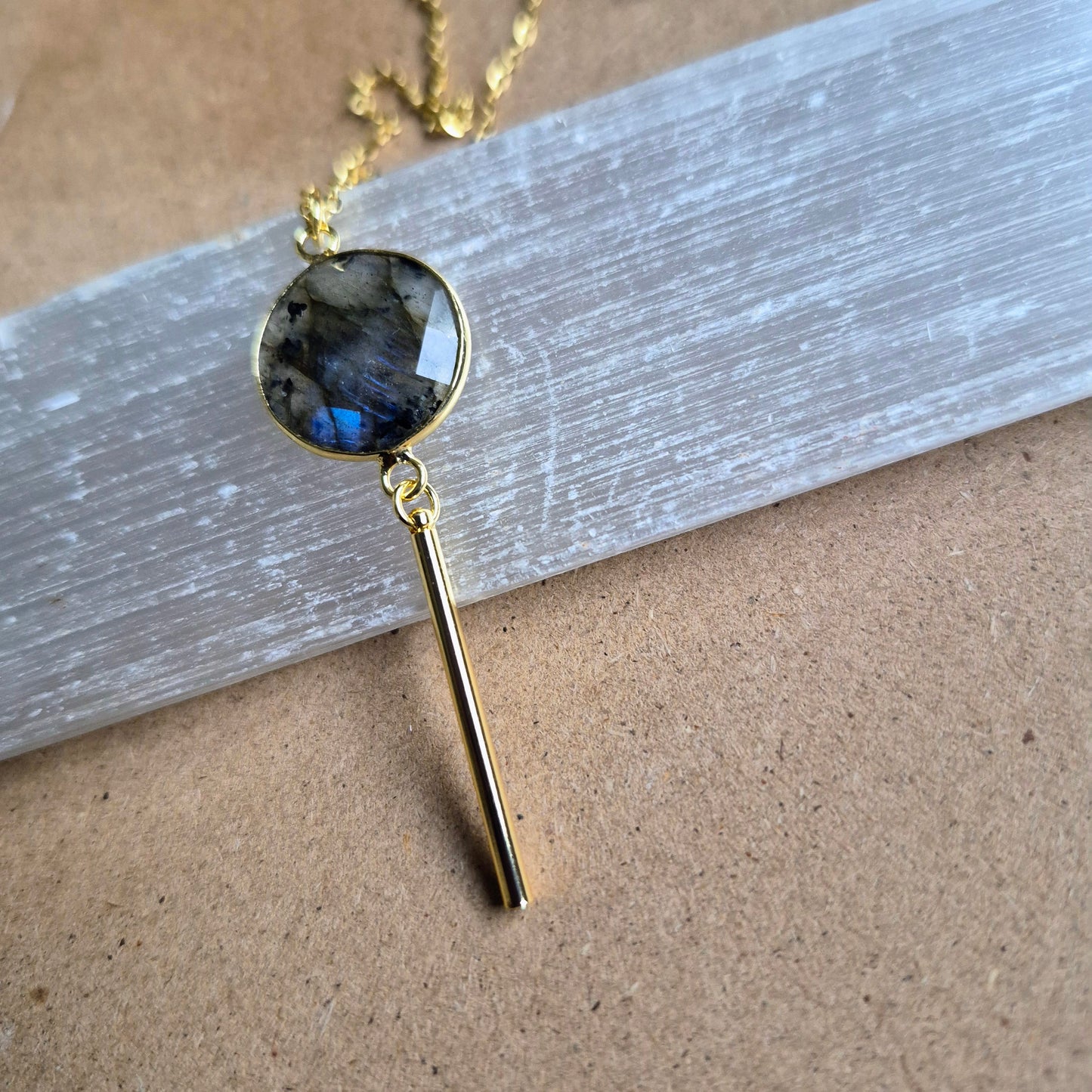 Labradorite Bar Pendant: Dainty Gold Plated Necklace