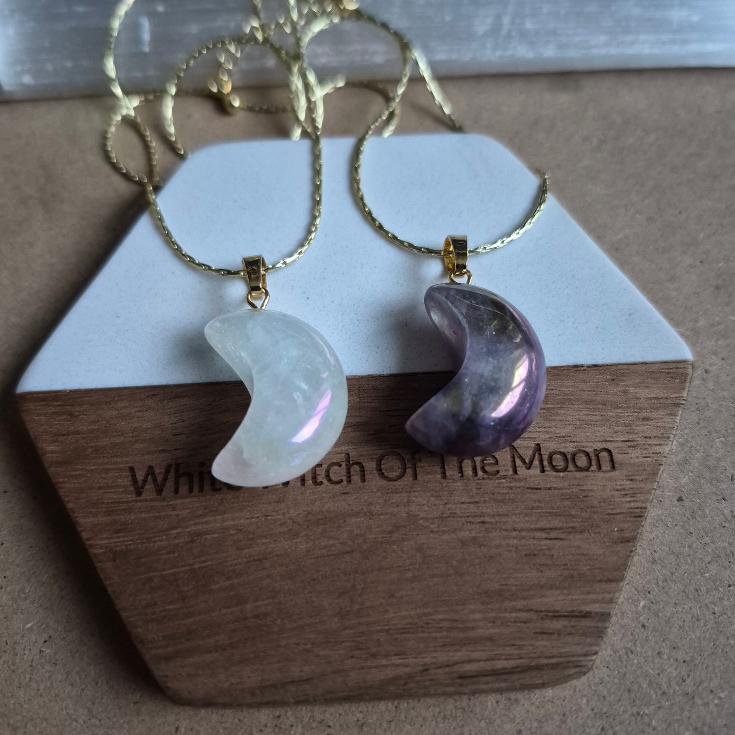 Aura Quartz moon pendant: Celstial Crystal Necklace