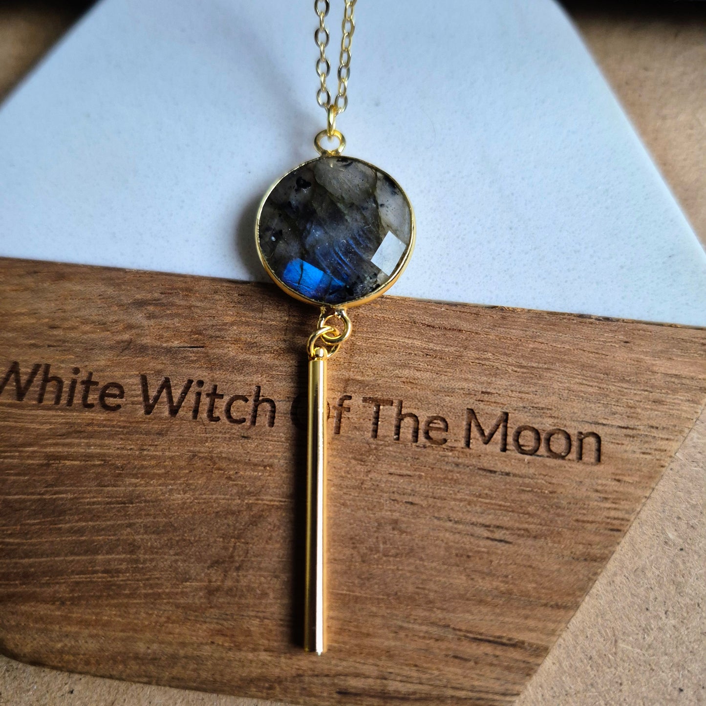 Labradorite Bar Pendant: Dainty Gold Plated Necklace