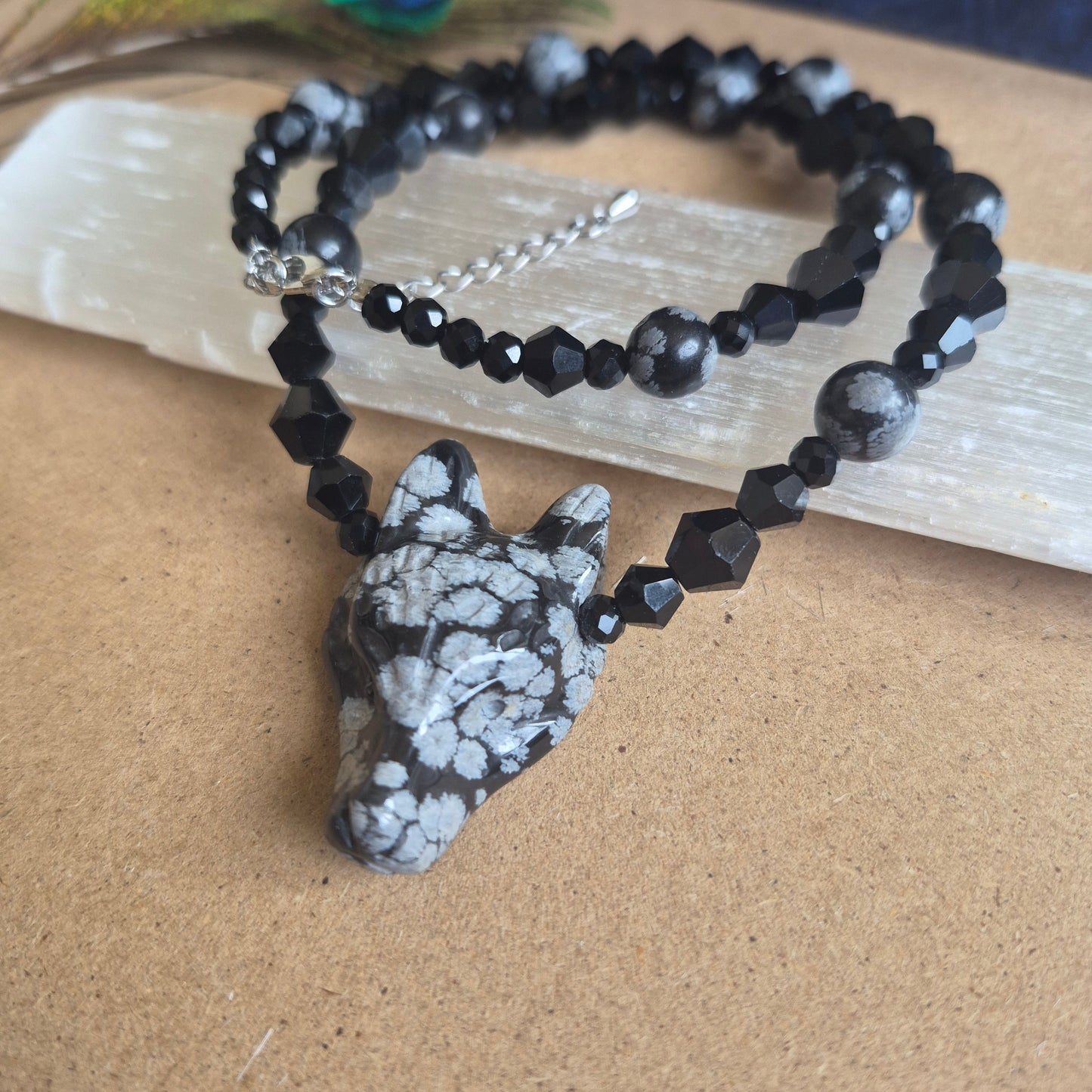 Snowflake Obsidian Wolf Choker Necklace