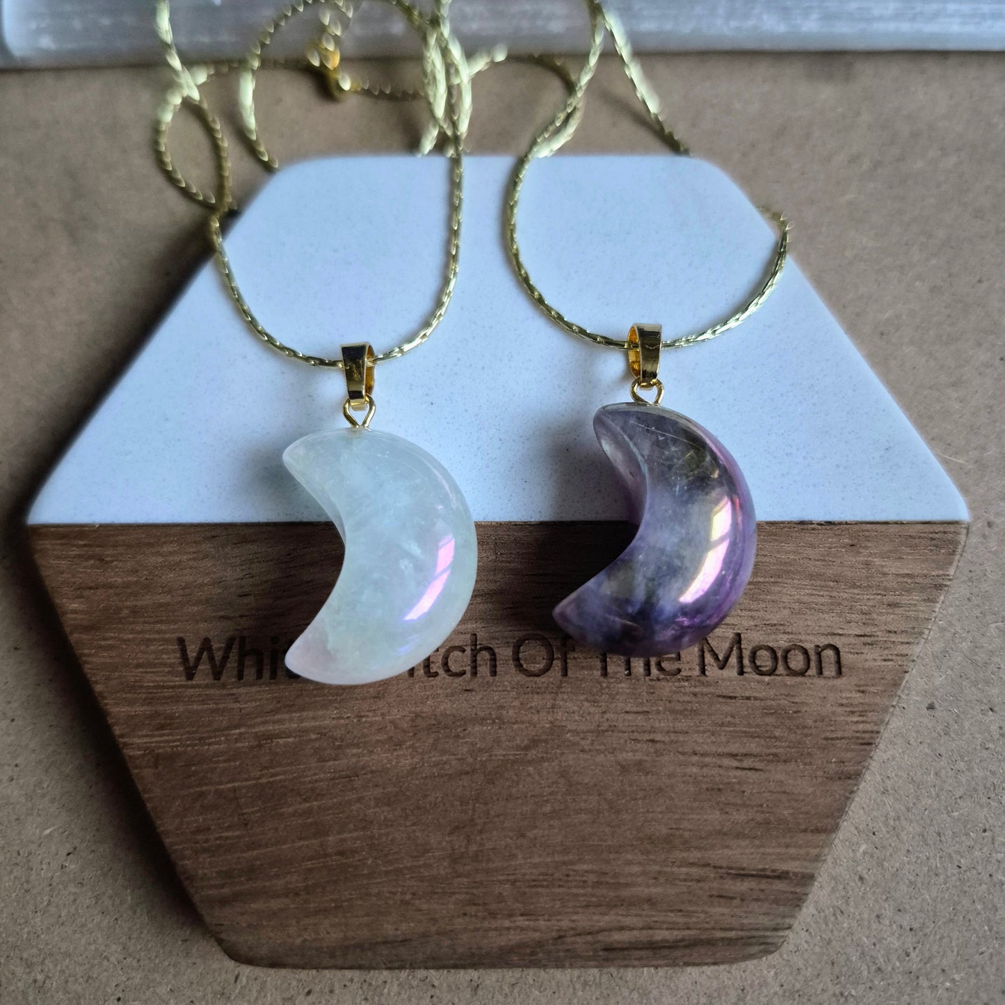 Aura Quartz moon pendant: Celstial Crystal Necklace