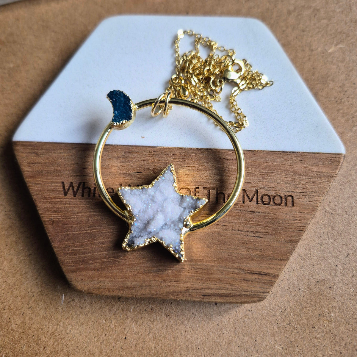 Celestial Druzy Star and Moon Statement Pendant Necklace