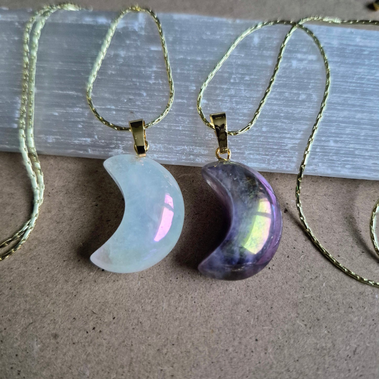 Aura Quartz moon pendant: Celstial Crystal Necklace