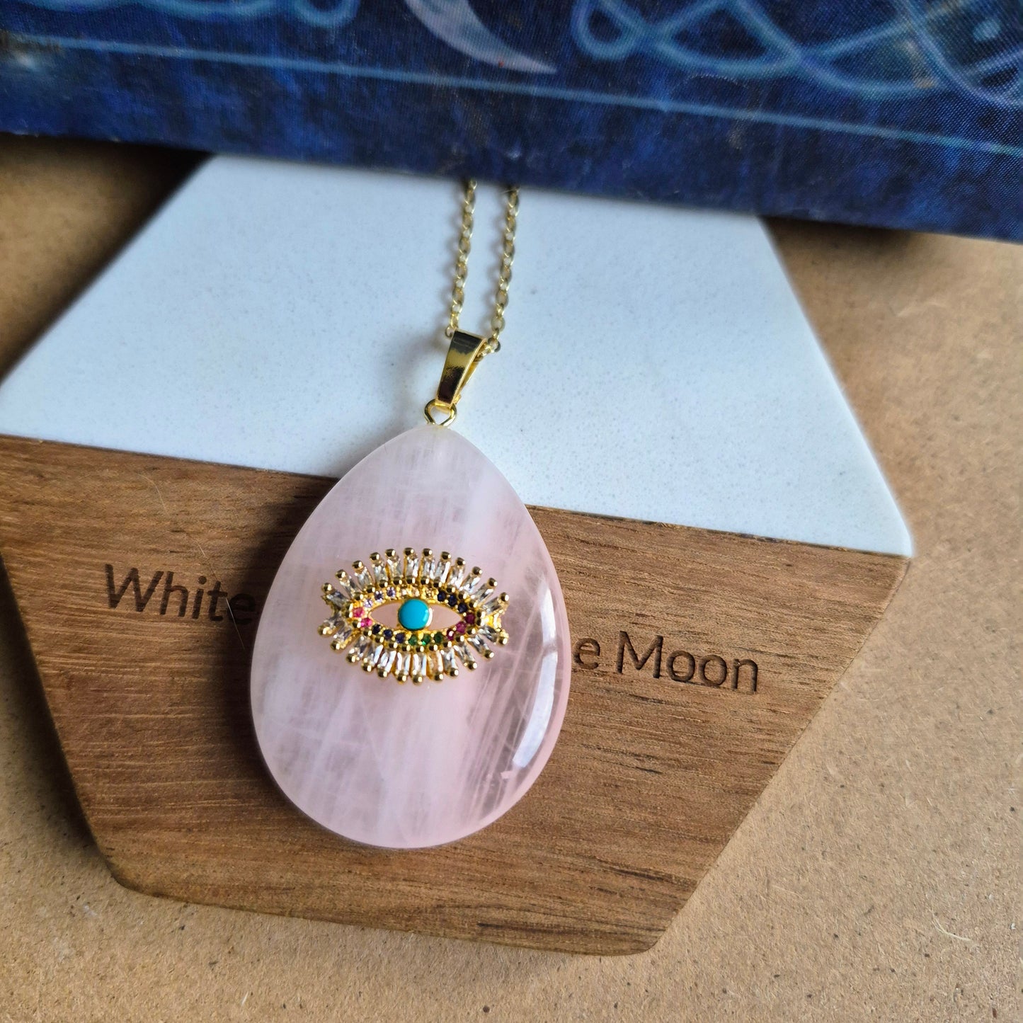 Rose Quartz Evil Eye Teardrop Pendant Necklace