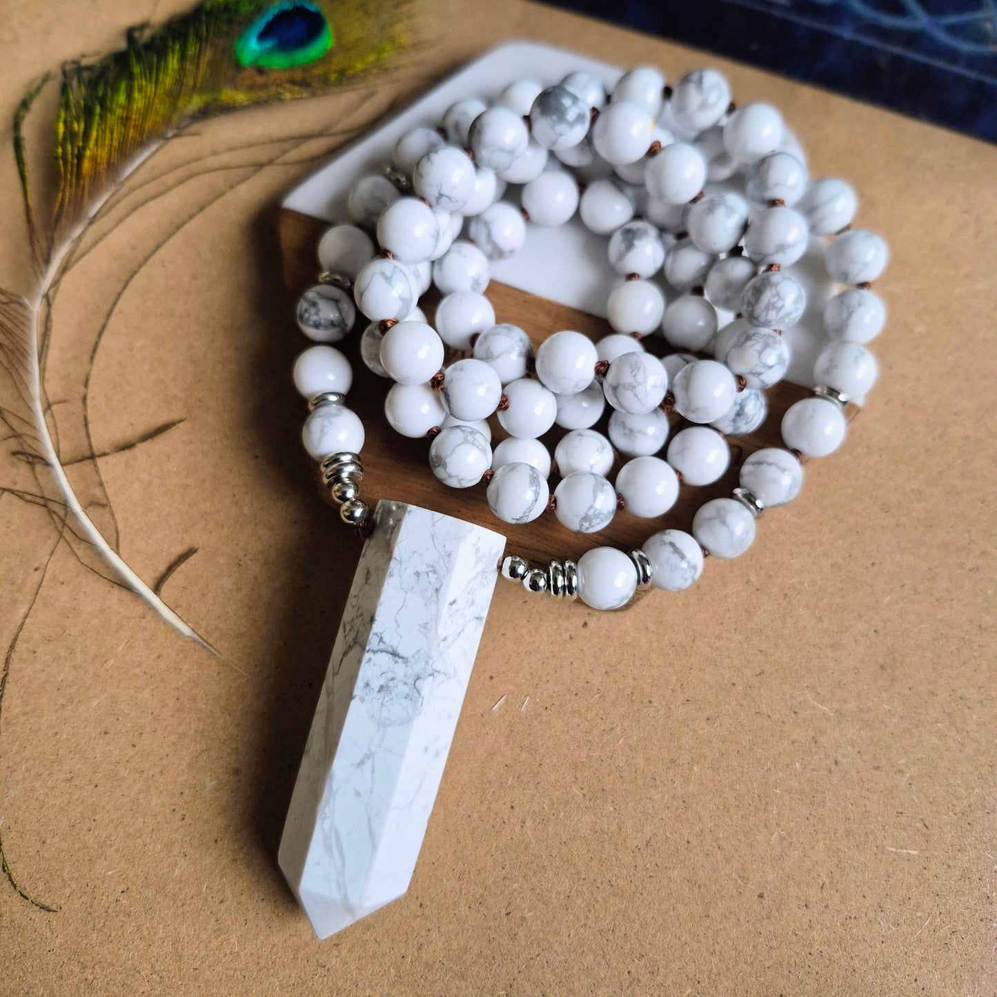 Howlite Knotted Long Necklace with Large Point 32"