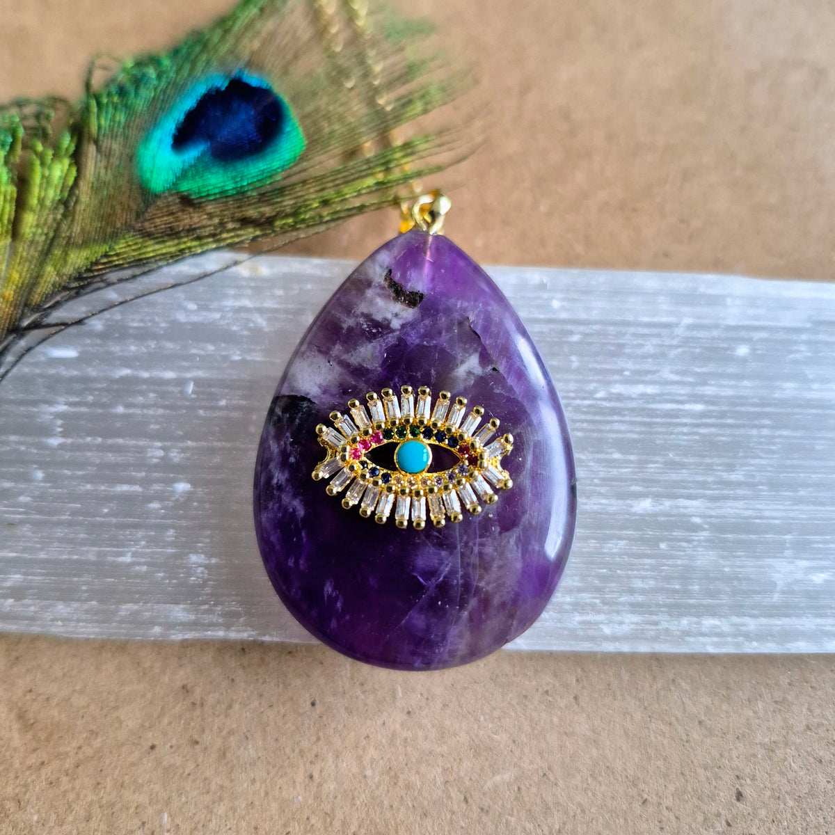Amethyst Teardrop Evil Eye Pendaht Necklace