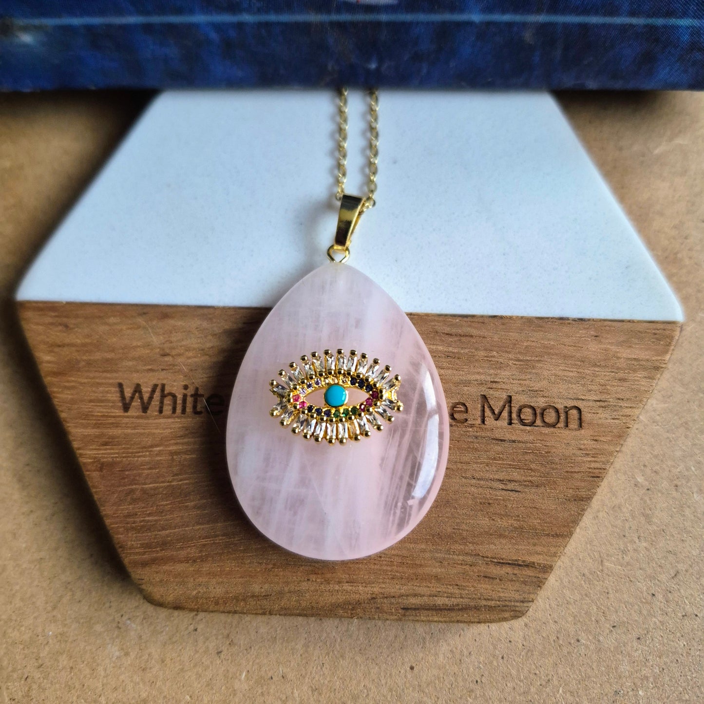 Rose Quartz Evil Eye Teardrop Pendant Necklace