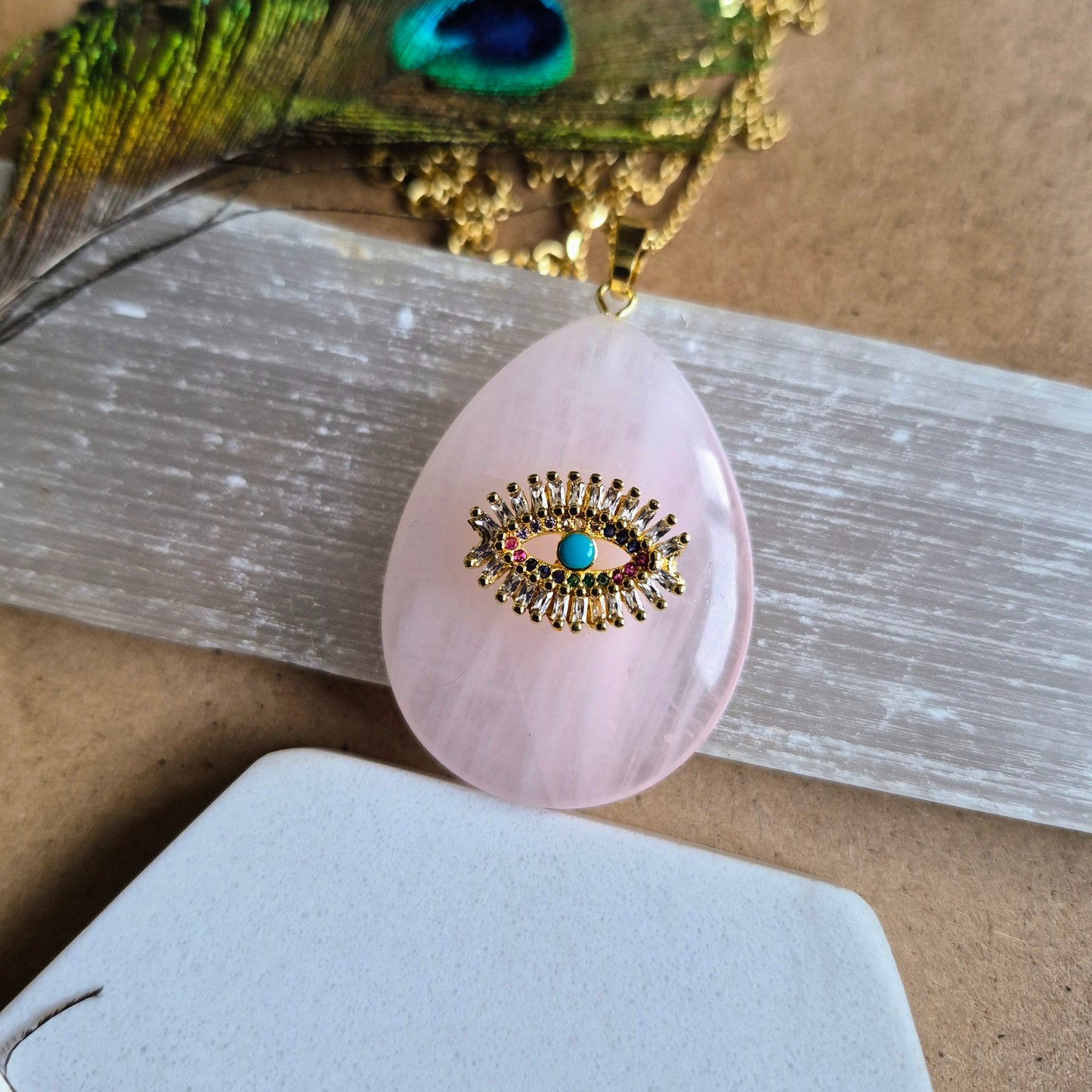 Rose Quartz Evil Eye Teardrop Pendant Necklace