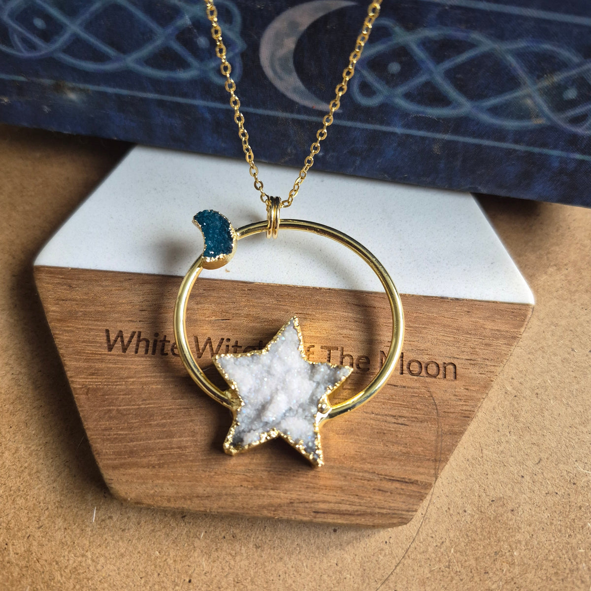Celestial Druzy Star and Moon Statement Pendant Necklace