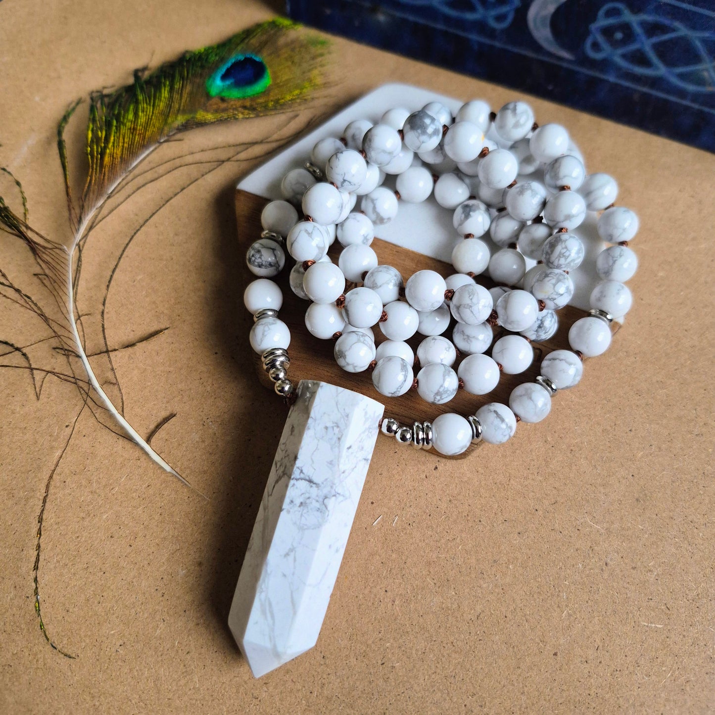Howlite Knotted Long Necklace with Large Point 32"