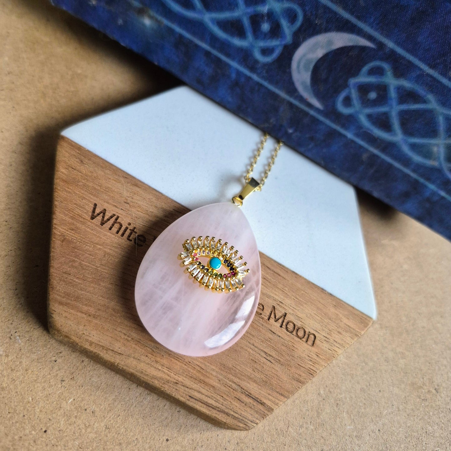 Rose Quartz Evil Eye Teardrop Pendant Necklace