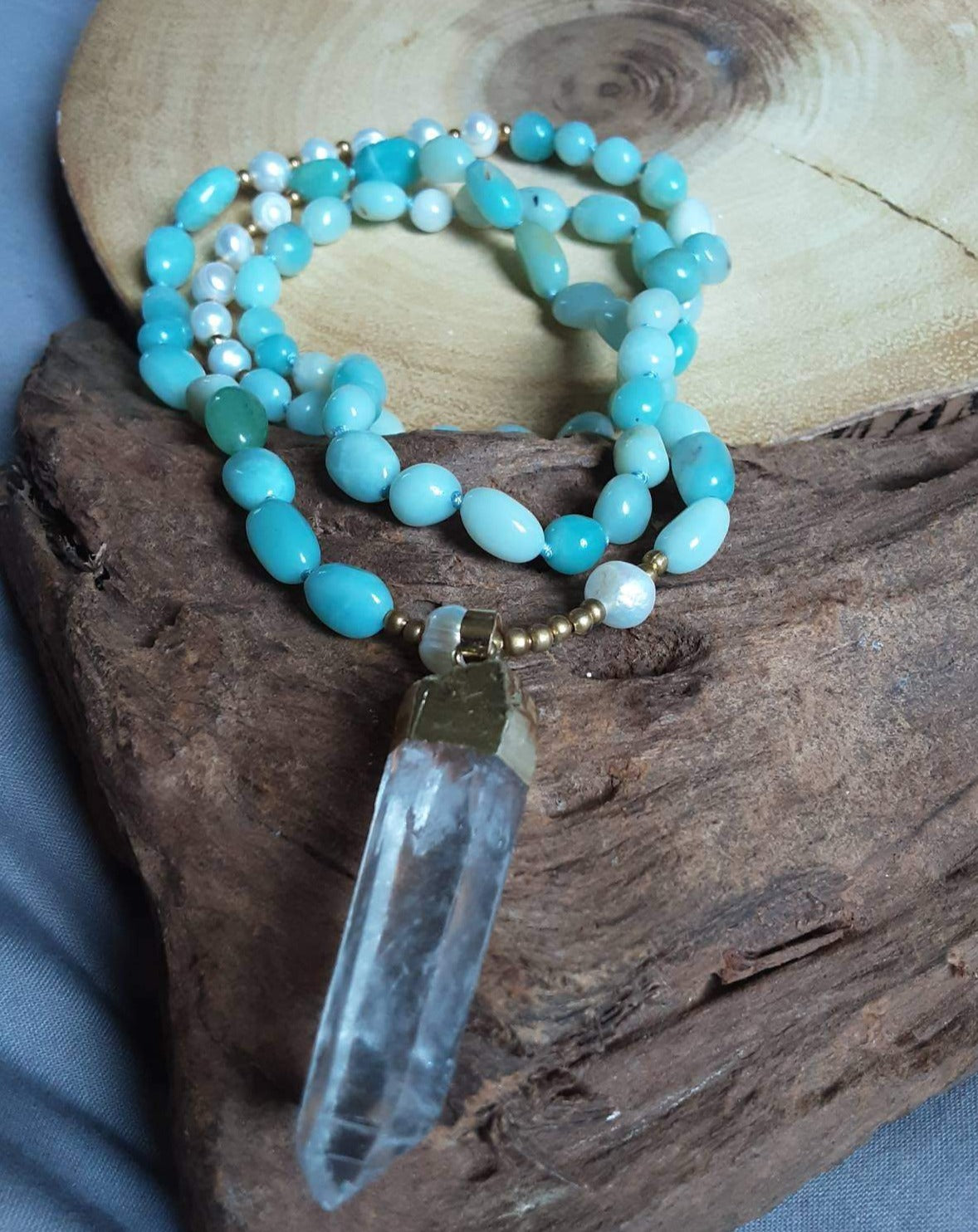 Amazonite, Mother of Pearl and Clear Quartz Mala Necklace