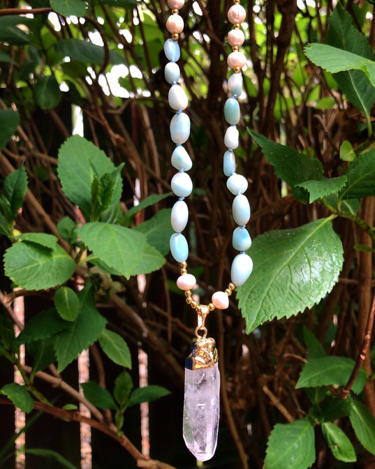 Amazonite, Mother of Pearl and Clear Quartz Mala Necklace