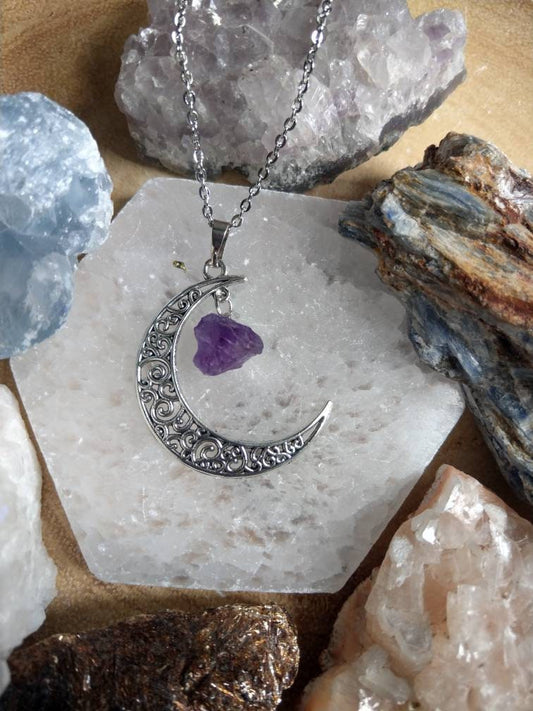 Amethyst Raw Stone Crescent Moon Necklace