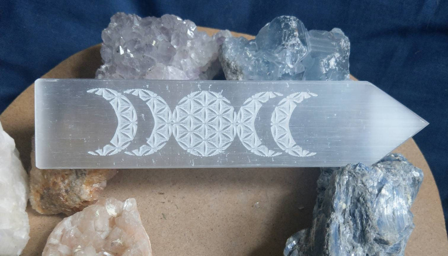 Selenite Triple Moon Charging Wands/Aura Cleansers