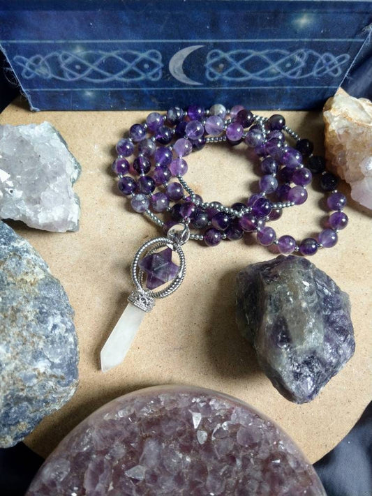 Amethyst Knotted Mala Necklace with a Raw Clear Quartz point and amethyst merkaba star. - Meditation, Intuition, Healing, Calming