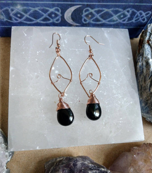 Black Obsidian Rose Gold Wire Earrings
