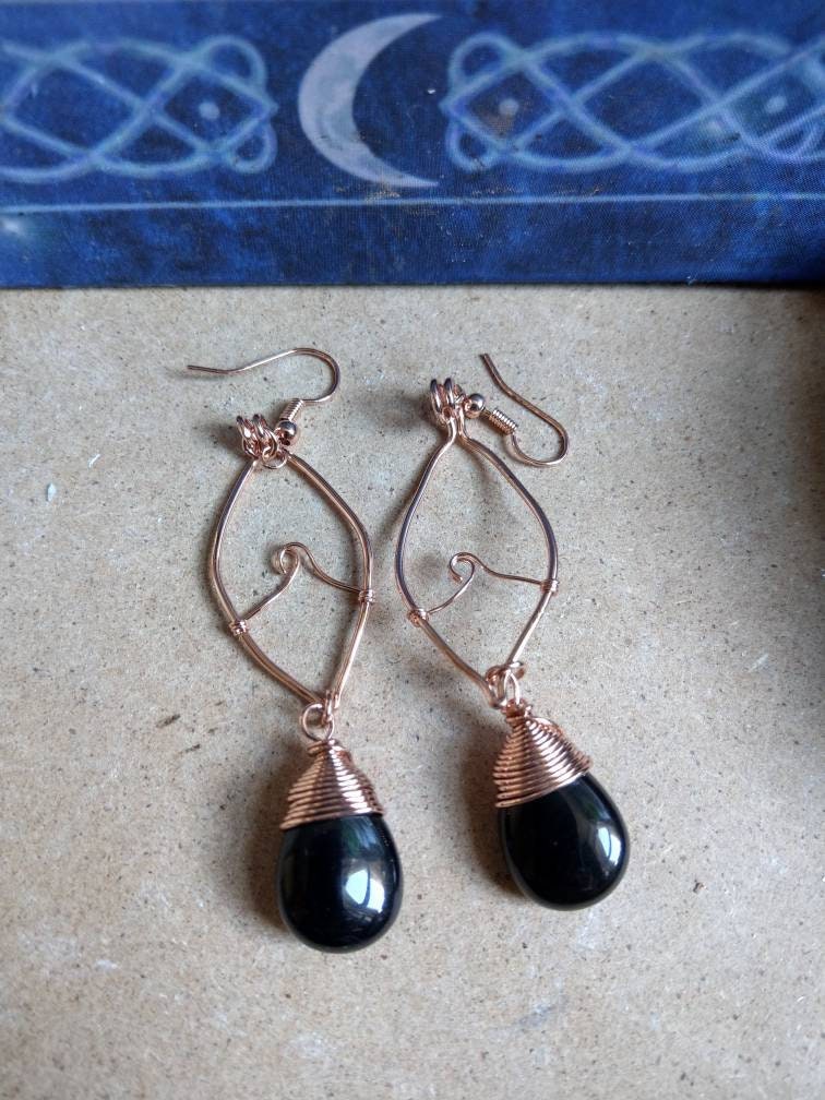 Black Obsidian Rose Gold Wire Earrings