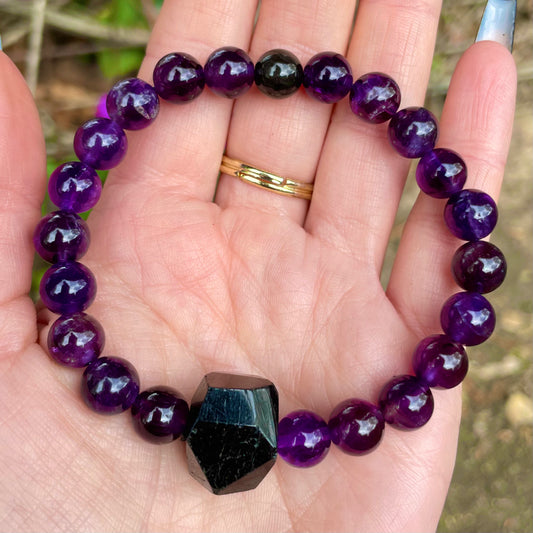 Amethyst and Black Tourmaline Beaded Bracelet 💜🖤💜