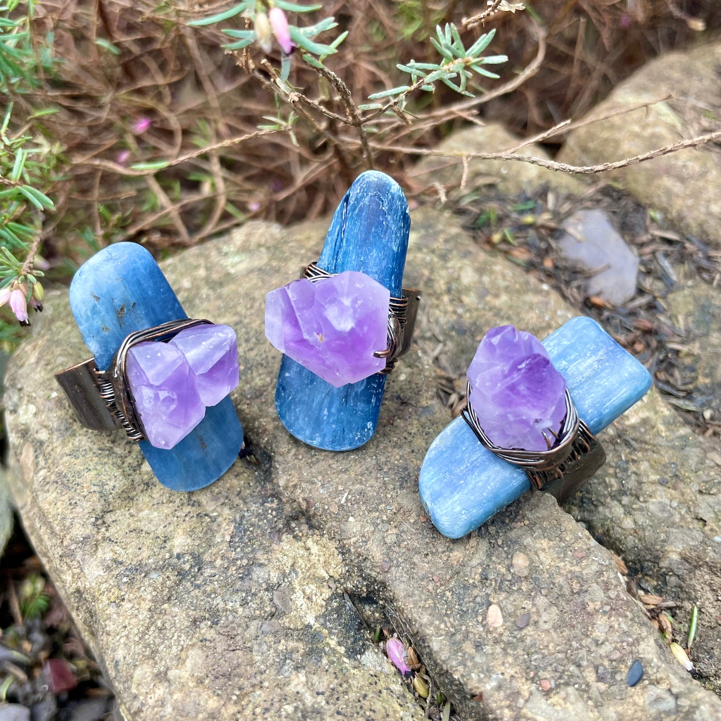 Kyanite Ring with Amethyst Raw Cluster 💜💙💜