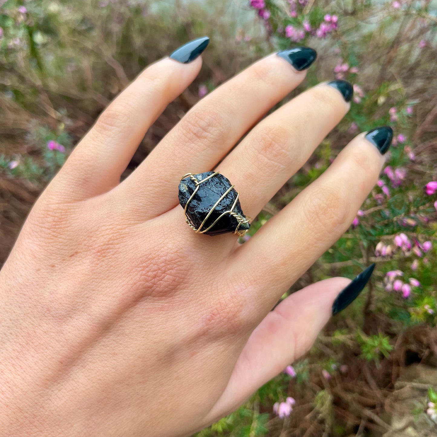 Black Tourmaline Wire Wrapped Adjustable Ring