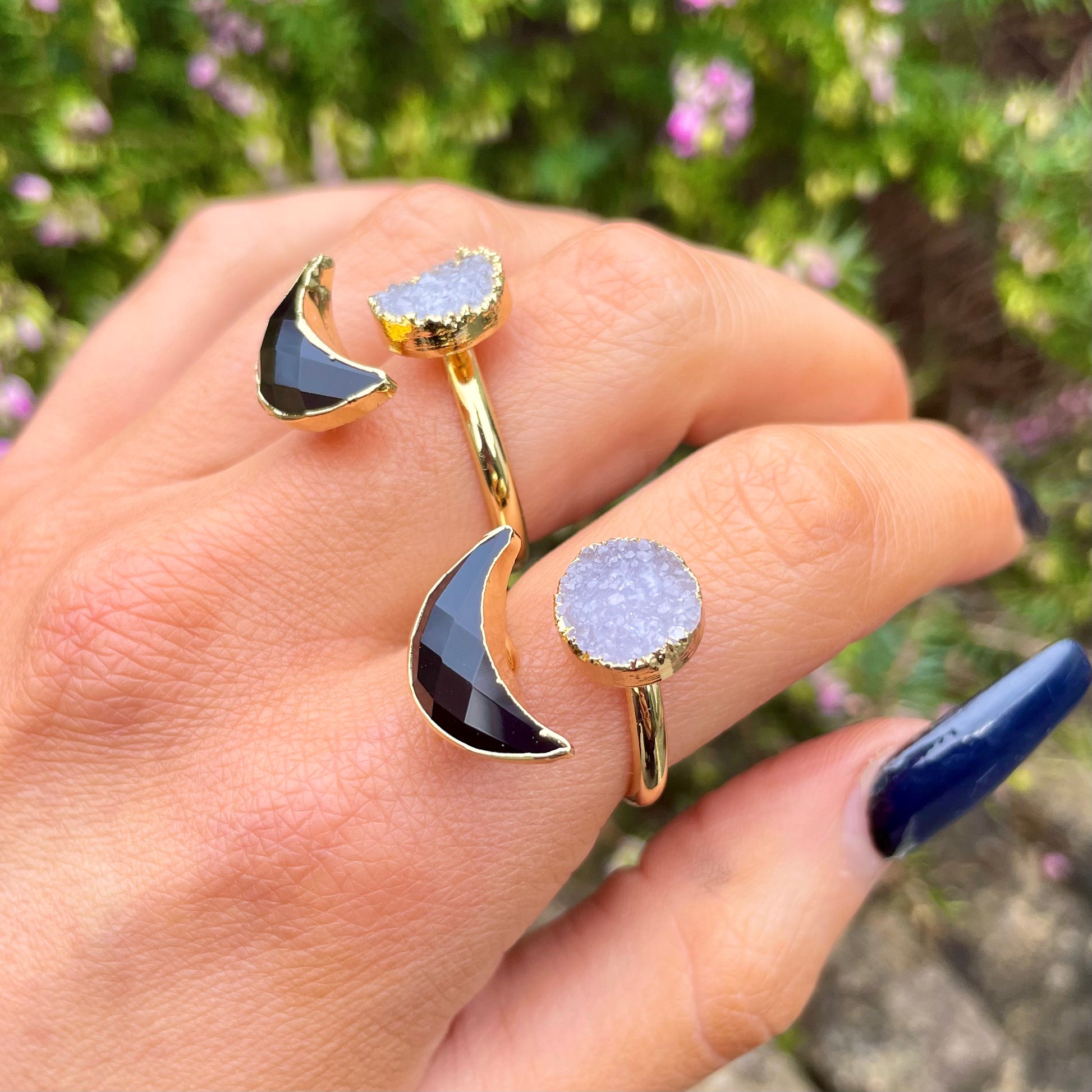 Druzy Quartz and Black Obsidian Celestial Moon Adjustable Ring