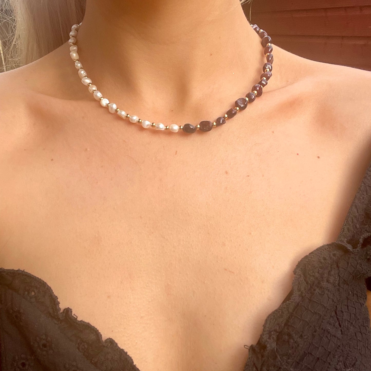 Red Garnet and Pearl Choker Necklace
