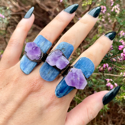 Kyanite Ring with Amethyst Raw Cluster 💜💙💜