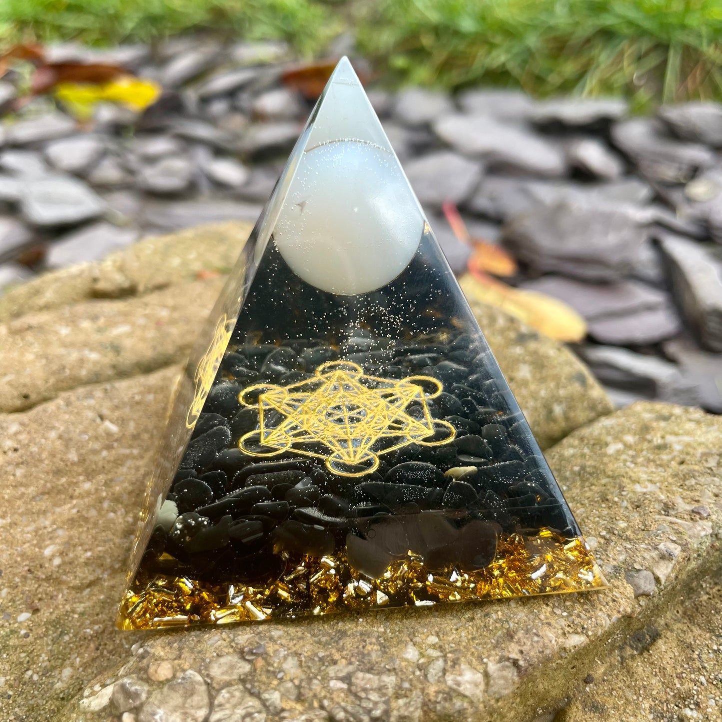 Black Tourmaline and Opalite Orgonite Pyramid 🖤🖤🖤