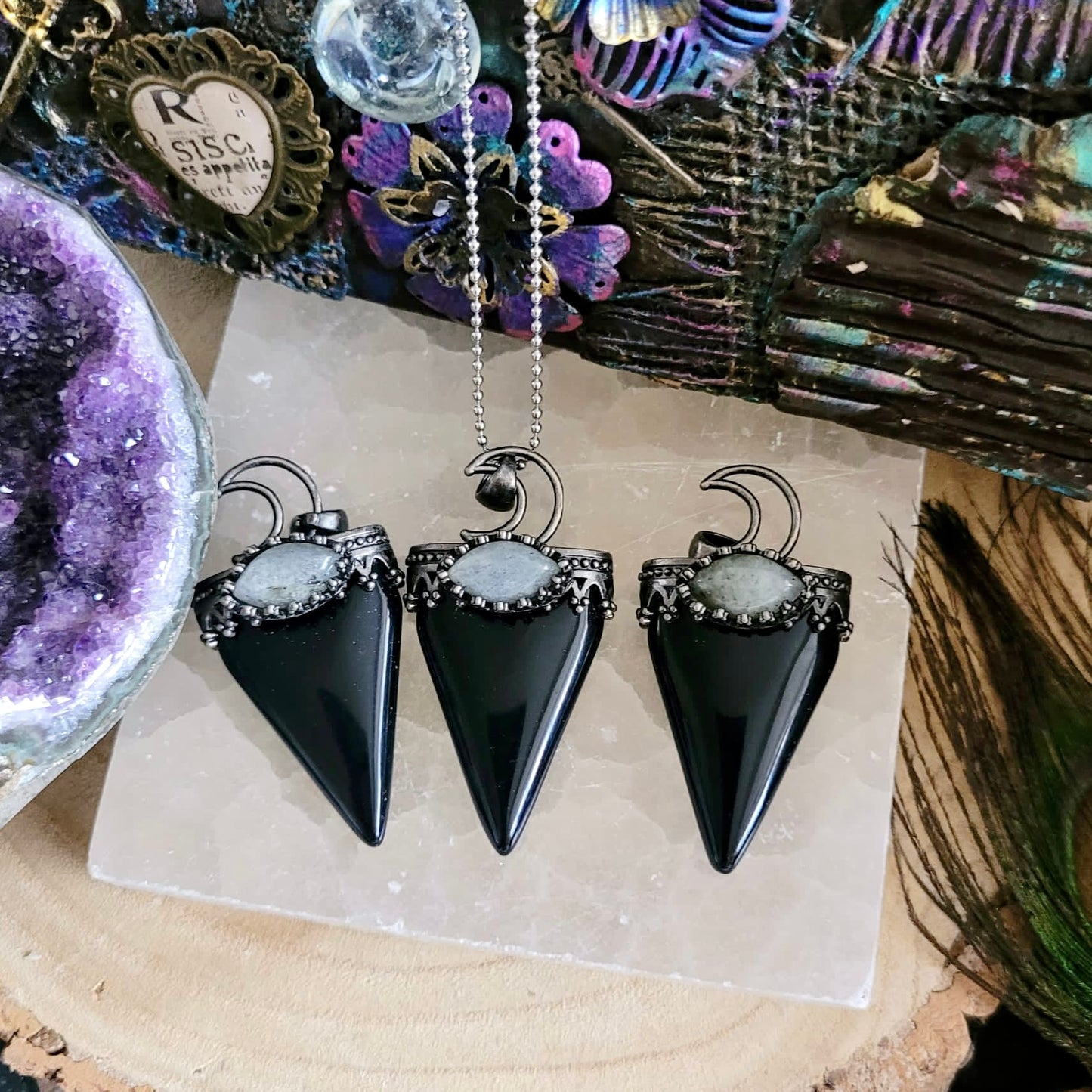 Black Obsidian and Labradorite Triangle Protection Pendant