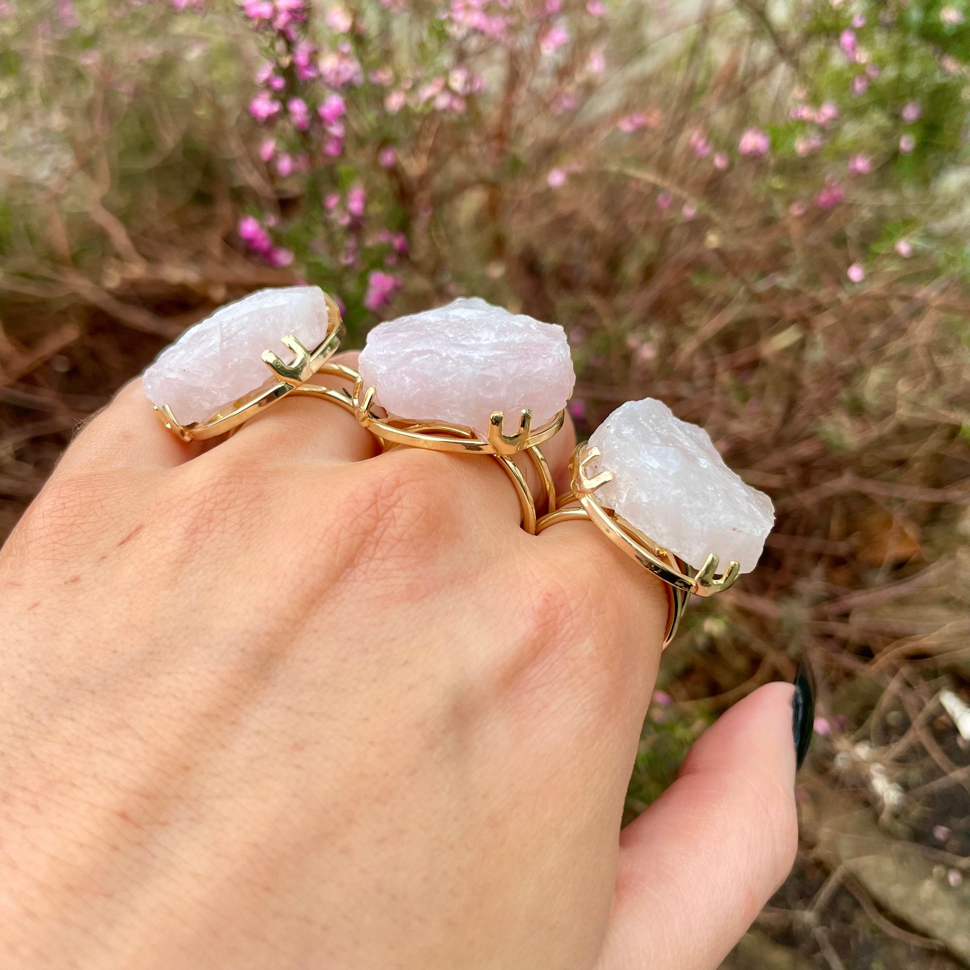 Rose Quartz Raw Statement Ring Silver