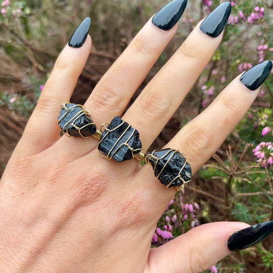 Black Tourmaline Wire Wrapped Adjustable Ring