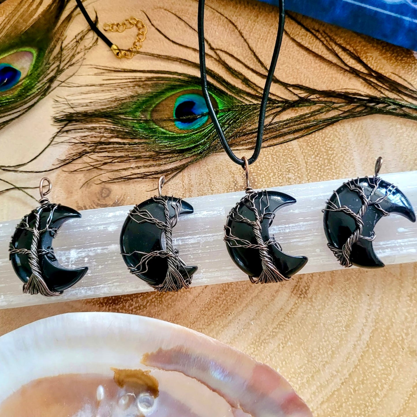 Black Obsidian Crescent Moon Wire Wrapped Pendants