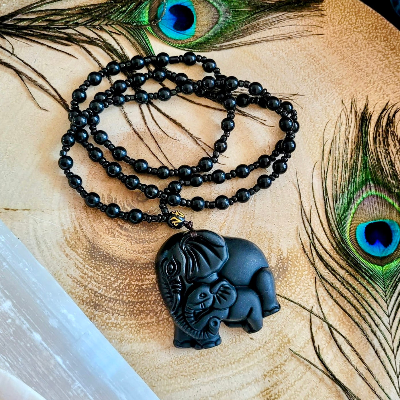 Black Obsidian Adjustable Mother And Baby Elephant Necklace