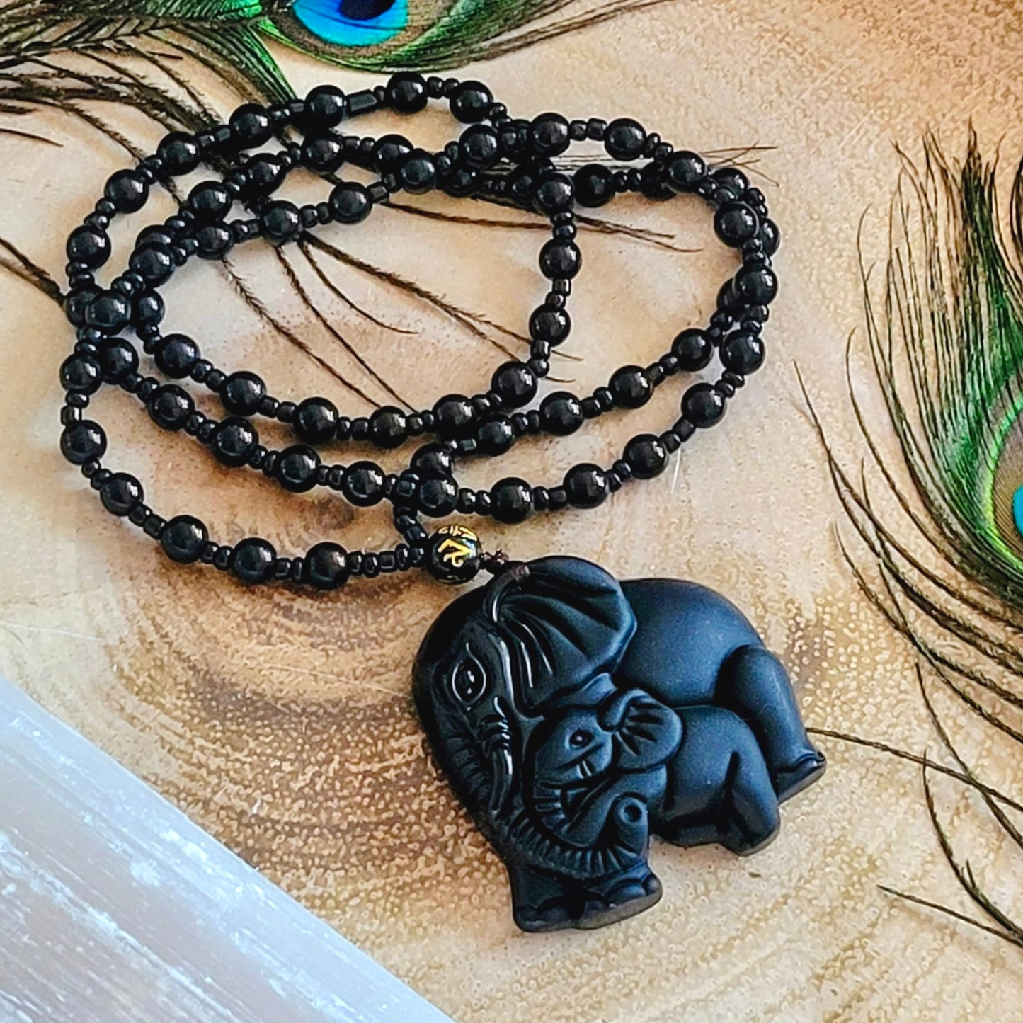 Black Obsidian Adjustable Mother And Baby Elephant Necklace