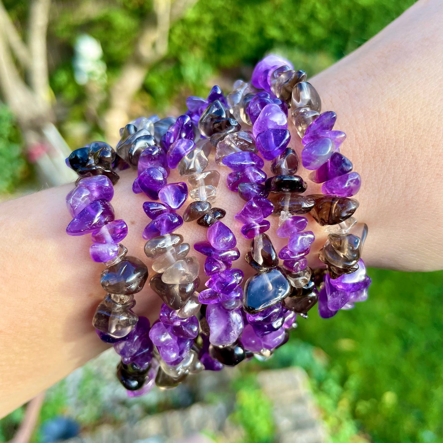 Smoky Quartz and Amethyst Chip Bracelets 🤎💜🤎