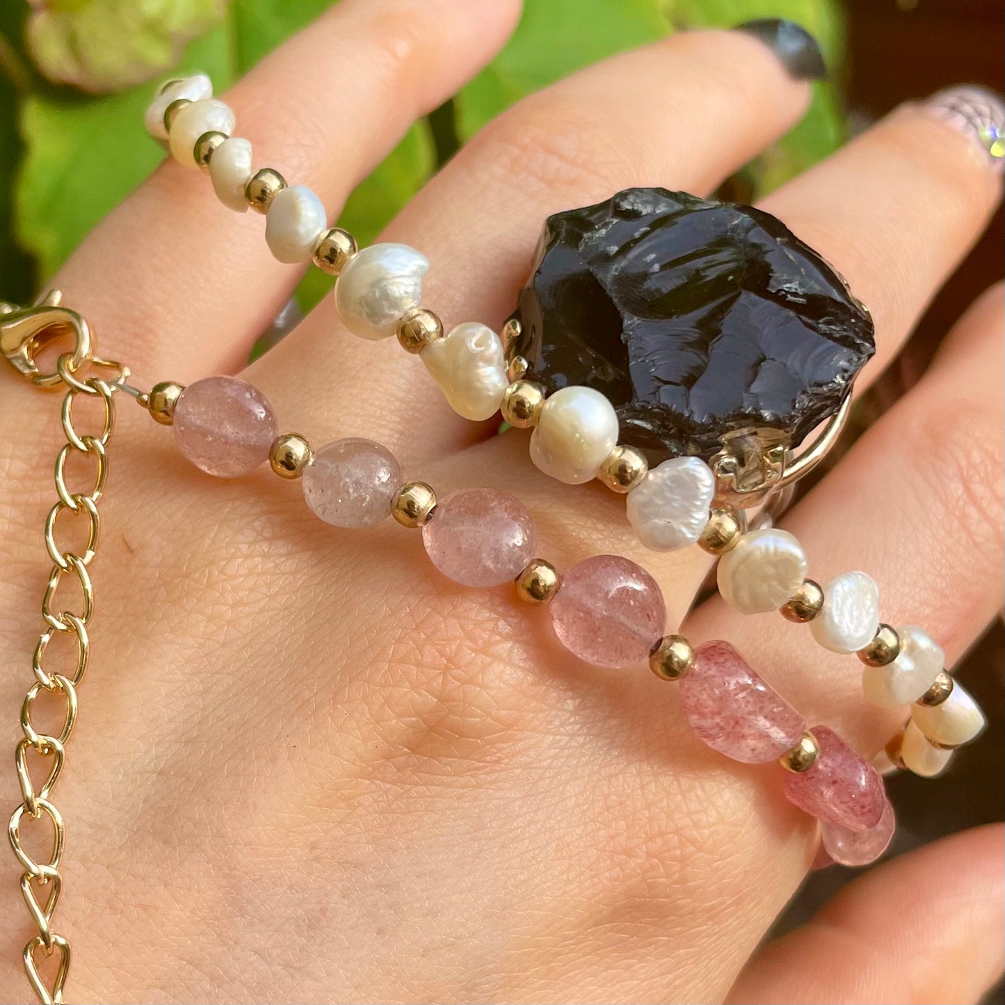 Strawberry Quartz and Pearl Choker Necklace