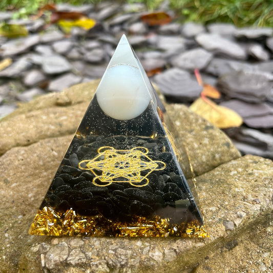 Black Tourmaline and Opalite Orgonite Pyramid 🖤🖤🖤
