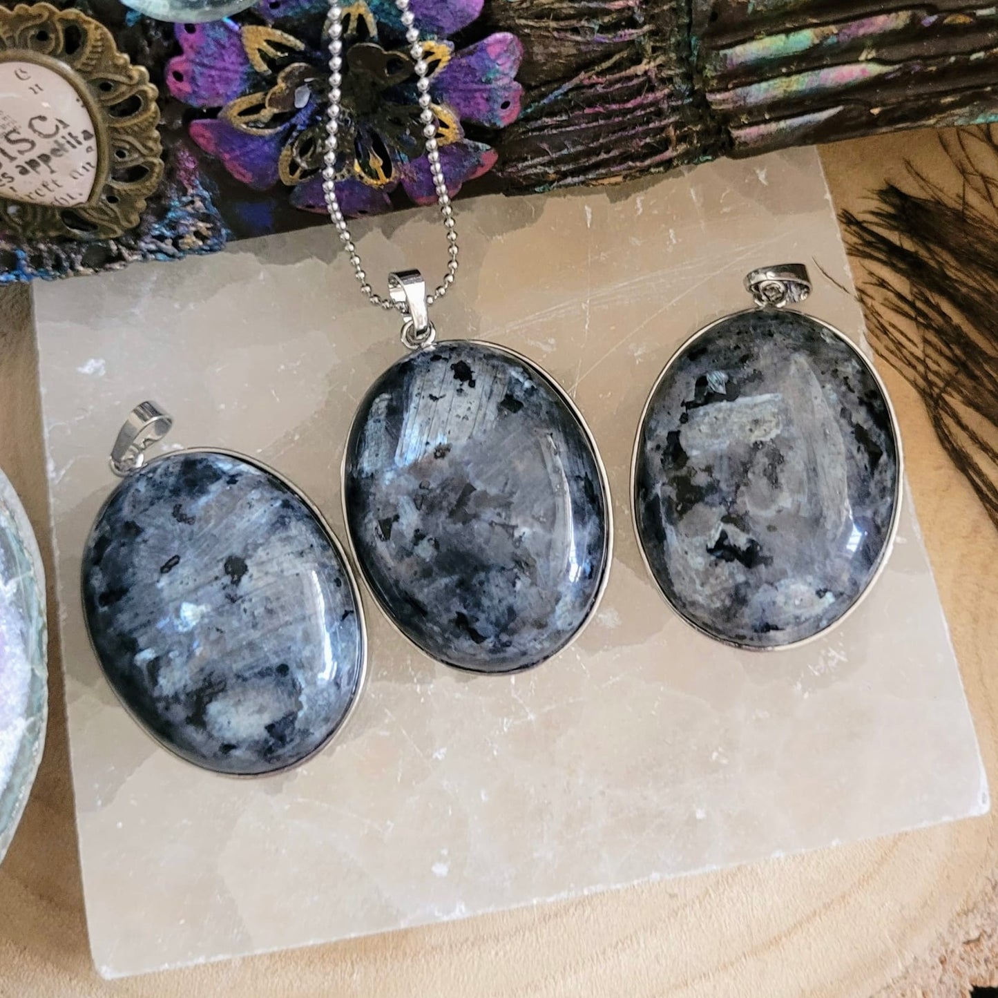 Black Moonstone Larvikite Oval Pendants