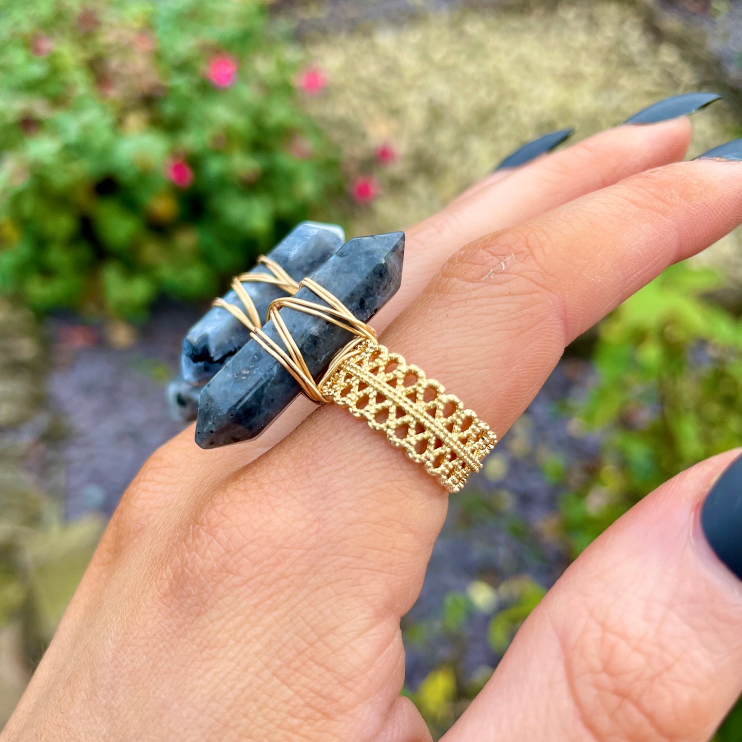 Larvikite Double Terminated Wire Wrapped Ring