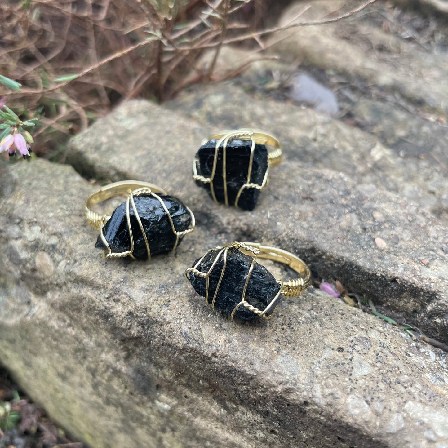 Black Tourmaline Wire Wrapped Adjustable Ring