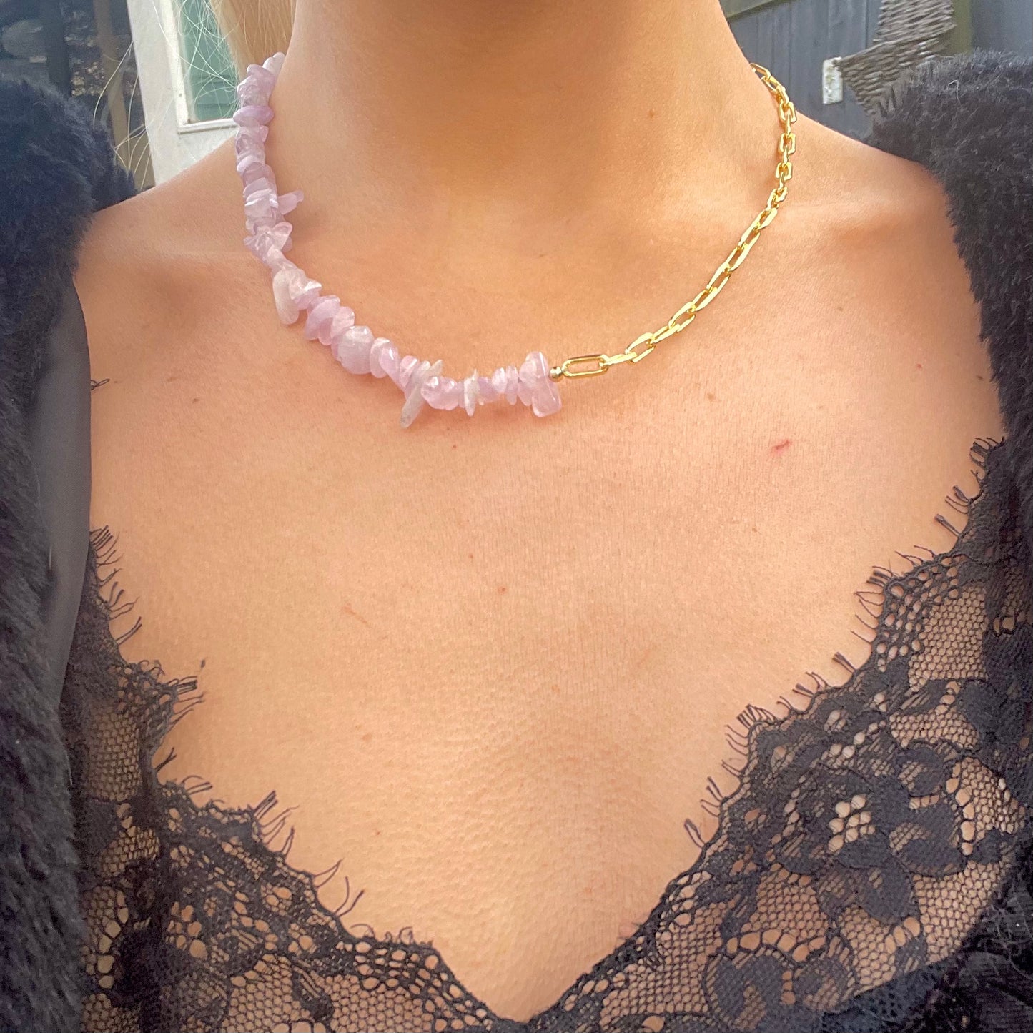 Kunzite Chip Choker Necklace