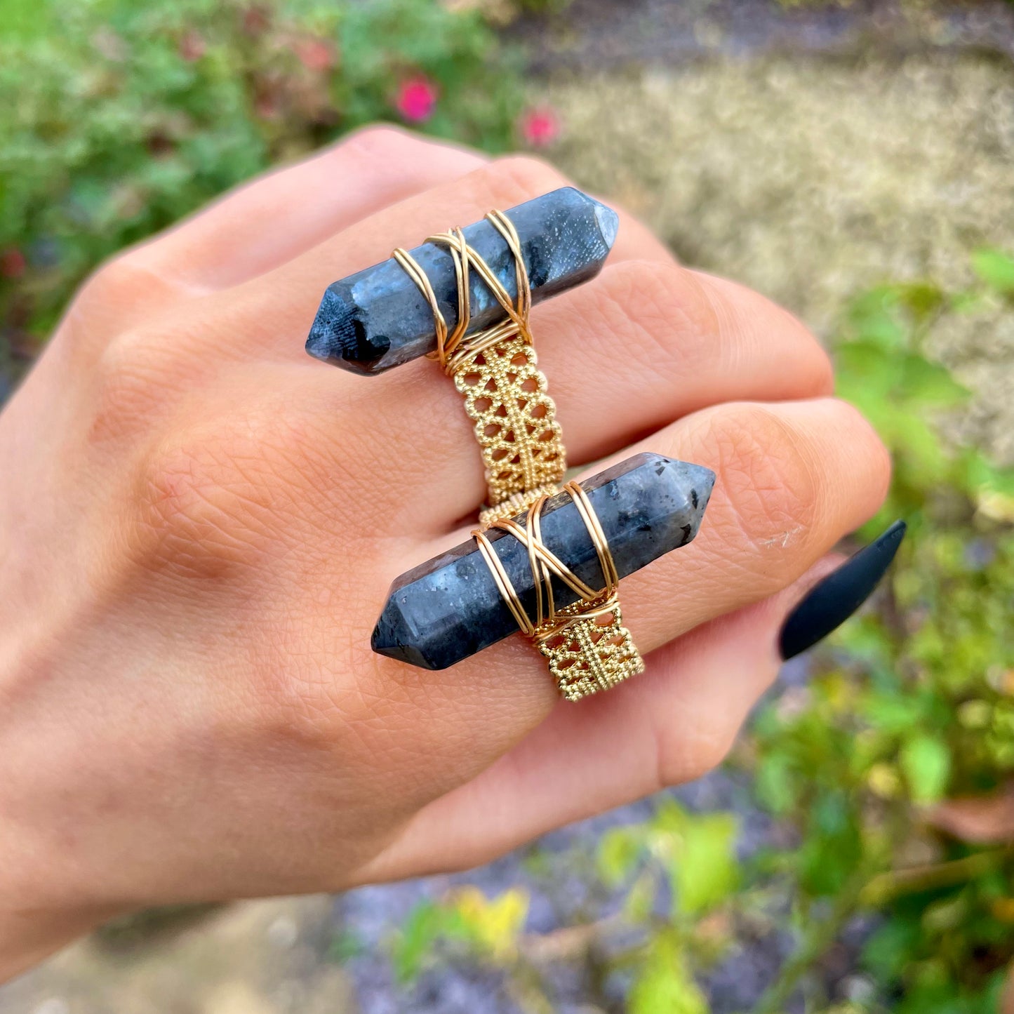 Larvikite Double Terminated Wire Wrapped Ring
