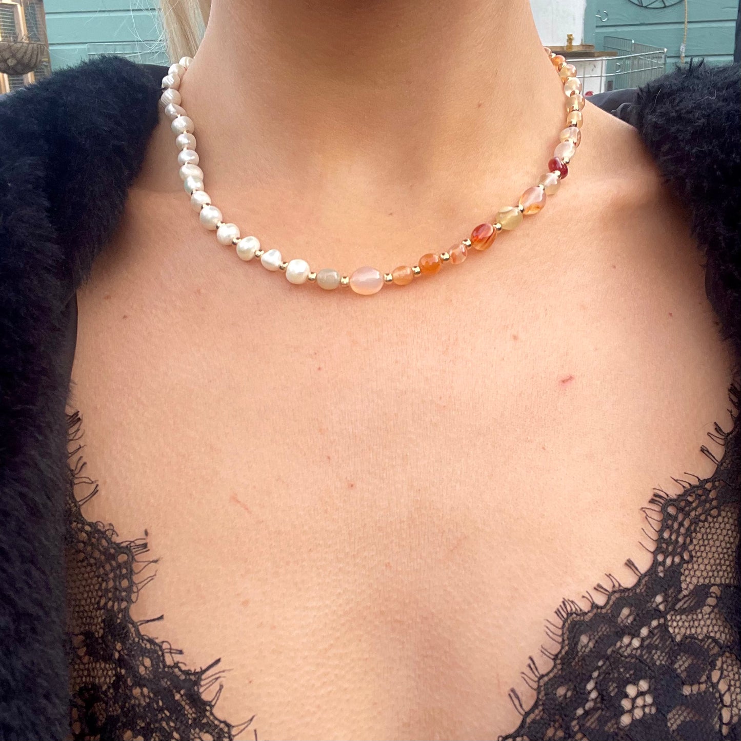 Carnelian and Pearl Choker Necklace