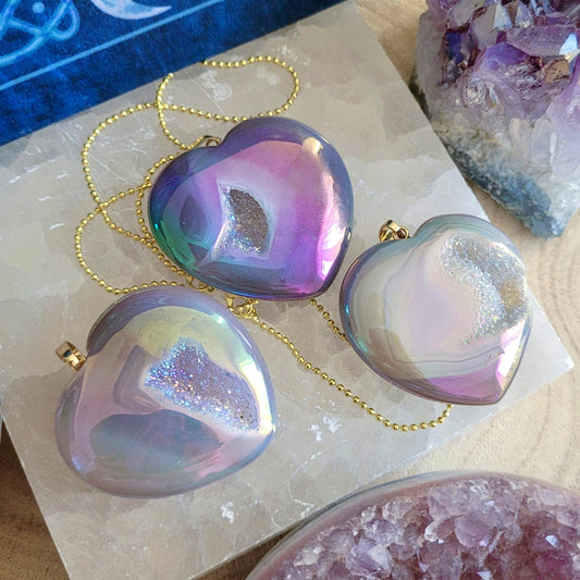 Druzy Agate Titanium Rainbow  Aura Heart Pendant 🌈✨💖