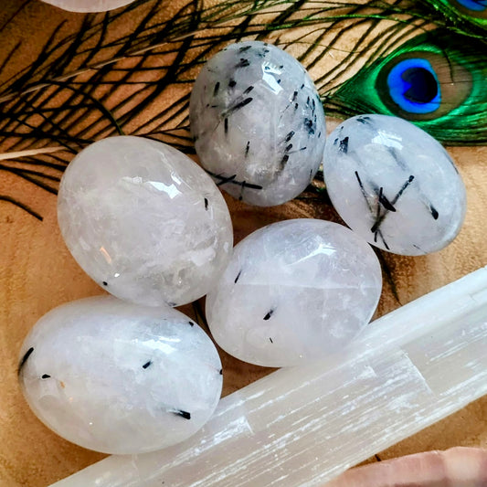 Black Tourmaline In Clear Quartz Palm Stones 5-6cm