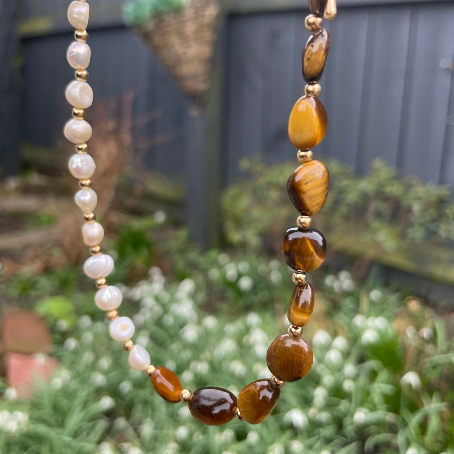Tigers Eye and Pearl Choker Necklace